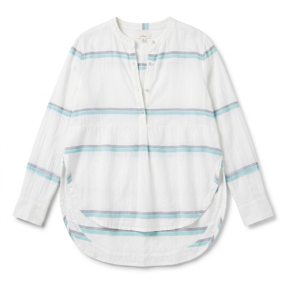 Lou & Grey Womens S White Teal Navy Stripe Henley Top Boho Casual Tunic